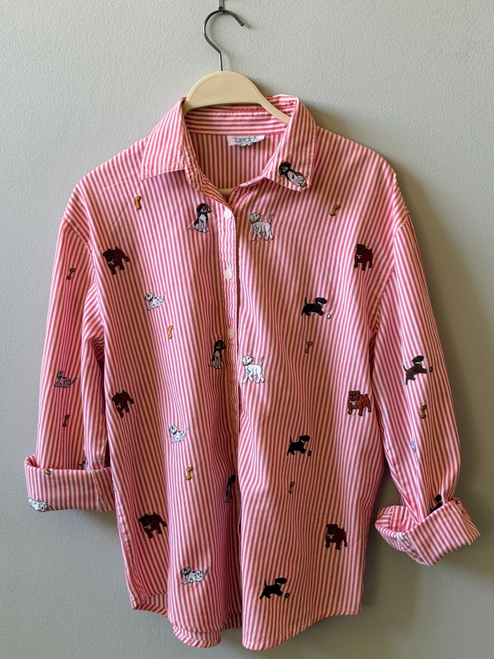 Vintage 1980s Teddi Red & White Striped Shirt with Embroidered Dogs.